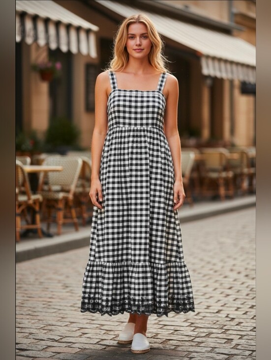 J. Crew Dresses & Skirts - J. Crew Black and White Gingham Midi Sun Dress with Eyelet Hem Sz 4